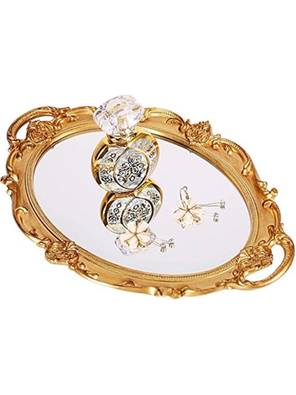 Polyresin Ellipse Antique Decorative Mirror Tray, Makeup Organizer, Jewelry Tray